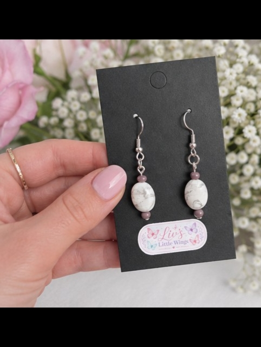 White Marble & Mauve Beaded Dangle Earrings